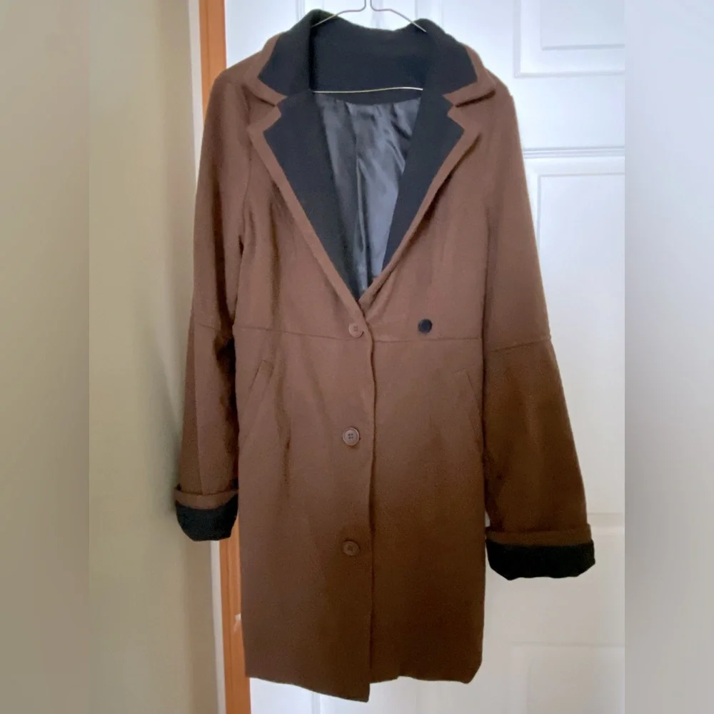 Brown & Black Trimmed Trench Coat Overcoat - Perfect Winter Staple - Picture 3 of 5